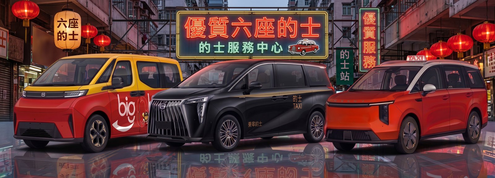 香港六座位的士車隊合照 (MIFA 7 / GAC E9 / 吉利大黃蜂)